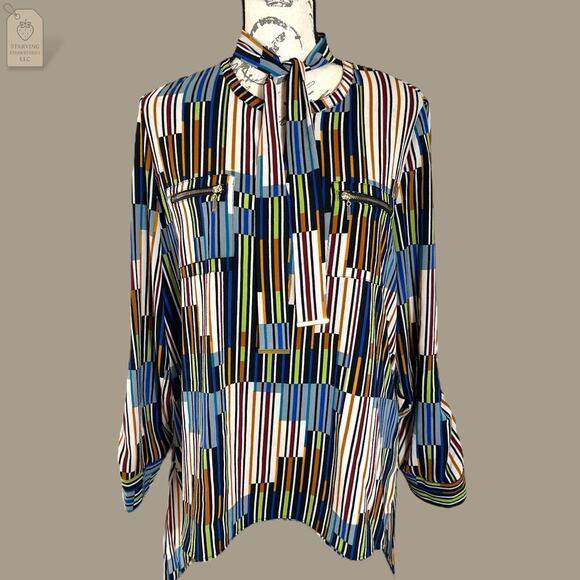 Rafaella Women’s Blouse Medium Geometric Stripe Print Multicolor Long Sleeve Top - Picture 1 of 6